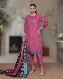 Baari Pink Geometric Kurta Set with Artistic Dupatta (3PC)